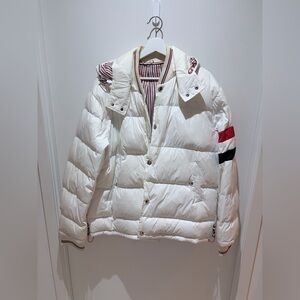 Thom Browne White Puffer Jacket with Red and Black Accents